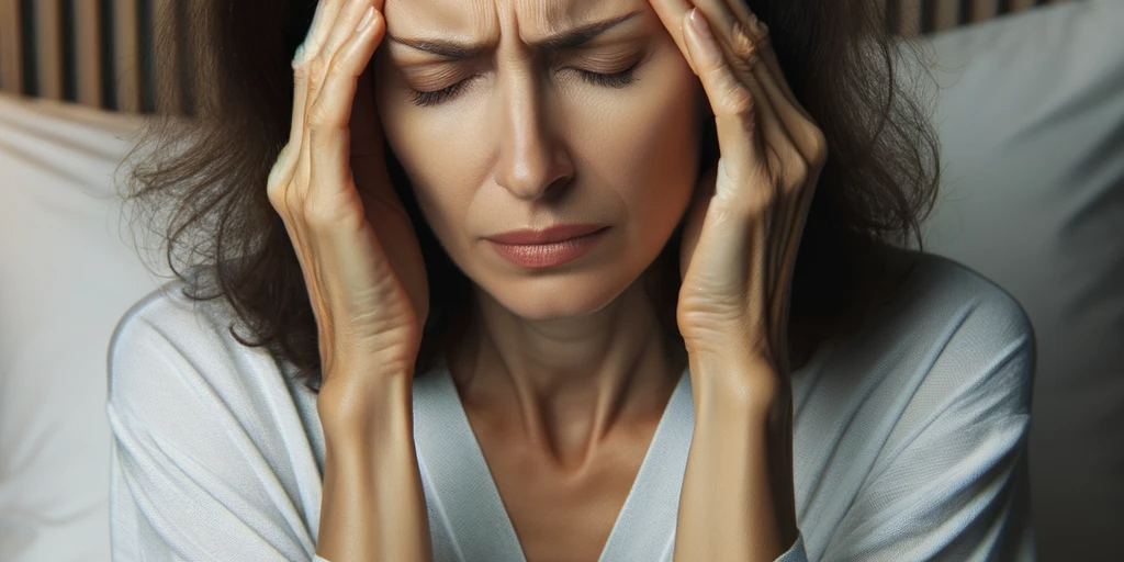 A photo of a middle-aged Middle Eastern woman lying in bed, experiencing severe headache. She is holding her temples with her hands, her eyes are clos