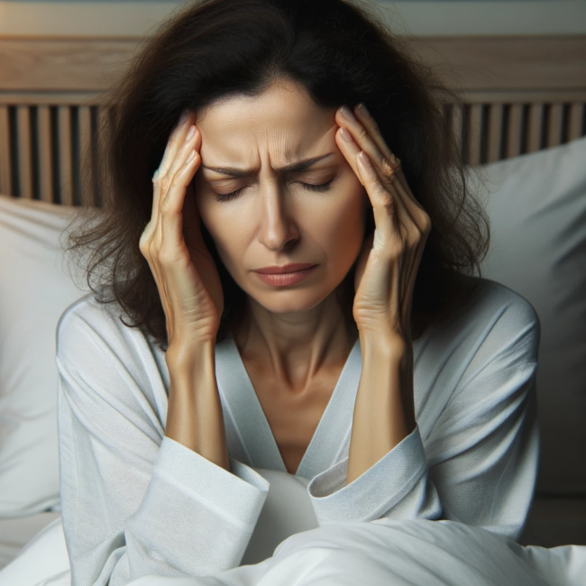 A photo of a middle-aged Middle Eastern woman lying in bed, experiencing severe headache. She is holding her temples with her hands, her eyes are clos