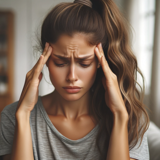 A-photo-of-a-woman-with-her-hair-tied-in-a-ponytail-expressing-discomfort-and-holding-her-temples-with-both-hands-showing-signs-of-a-headache.-She-i