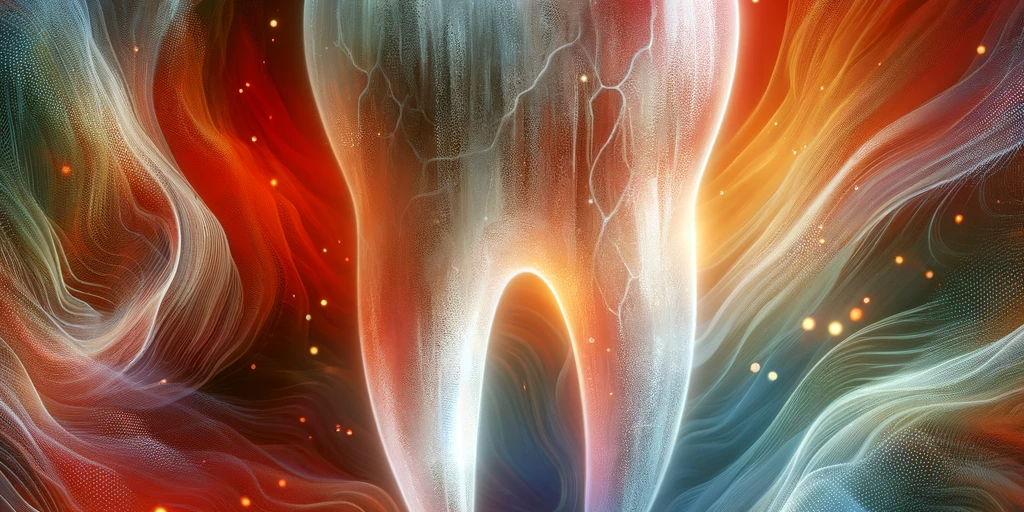 An abstract representation of phantom tooth pain. The image depicts a semi-transparent ghost-like tooth surrounded by a mix of warm and cool colors, s