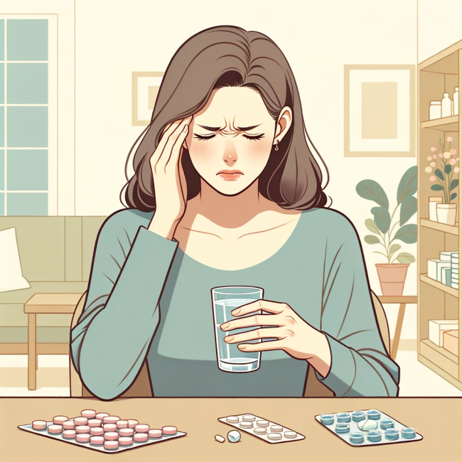 An illustration depicting a woman at a table, grimacing from a headache and taking medication to alleviate her pain. She has a glass of water and a pi