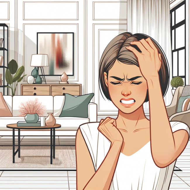 An illustration of a woman grimacing and clutching her head, suggesting she is in pain from a headache. She is situated in a bright, beautifully decor