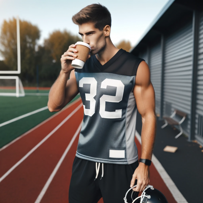 male athlete standing beside a football field, taking a sip from a glass coffee cup. He is dressed in a sports jersey and shorts,