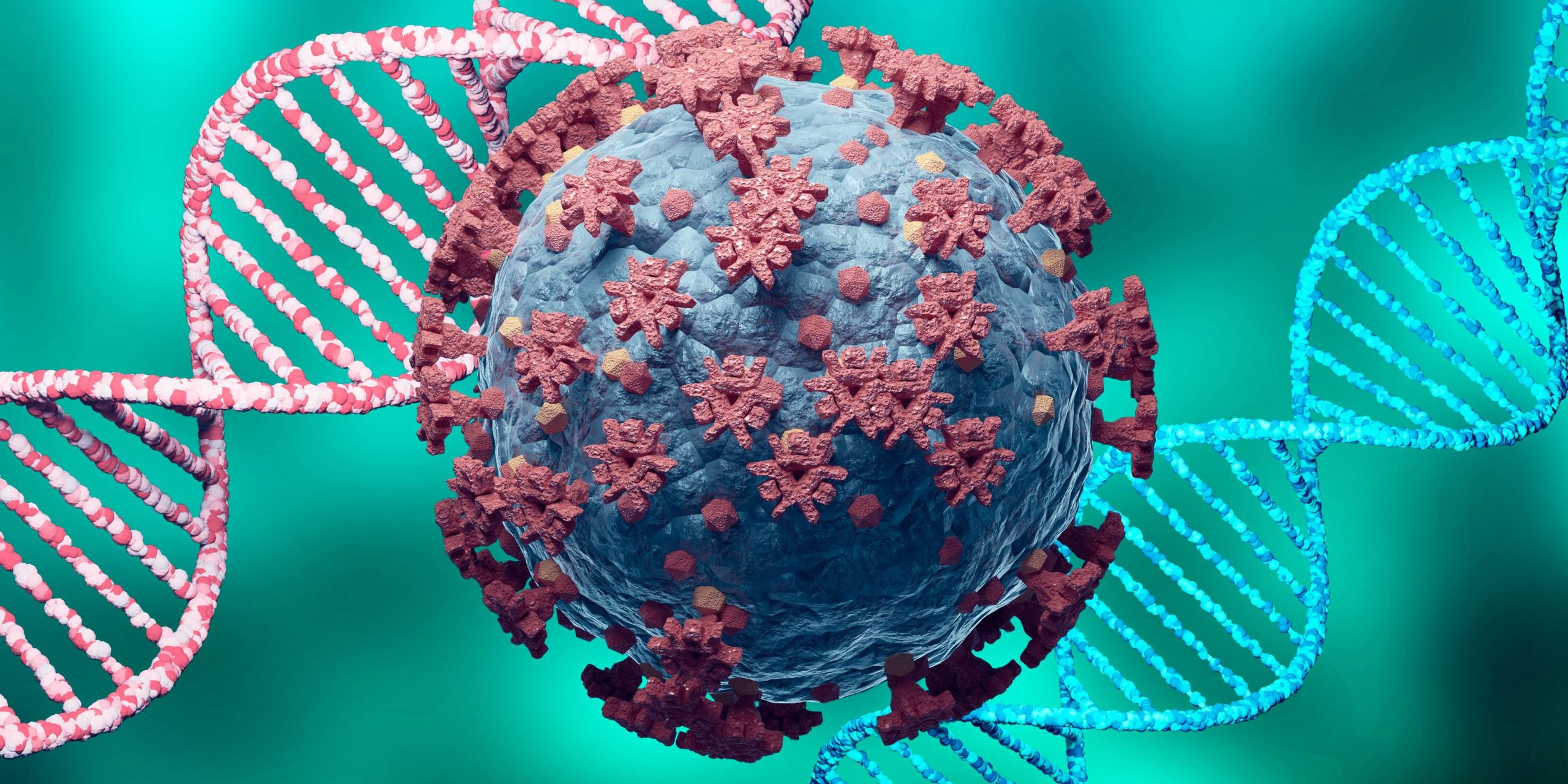 Coronavirus and DNA, virus mutation. New variant and strain of SARS CoV 2. Microscopic view.